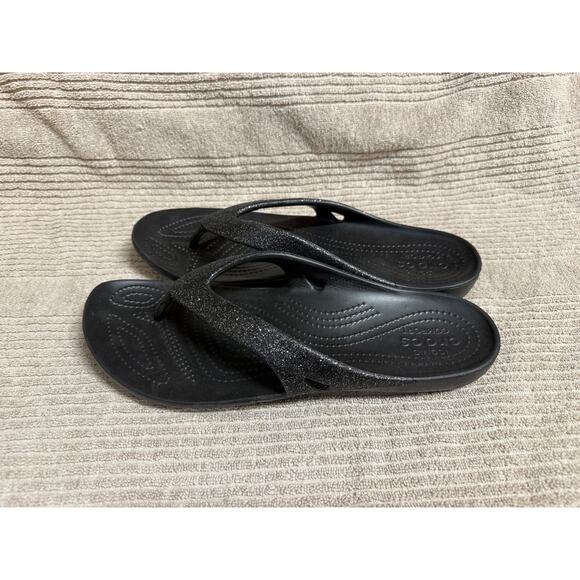 NWOT Crocs Women Kadee II Flip Flops Black Sparkle Size W11 - Picture 2 of 7